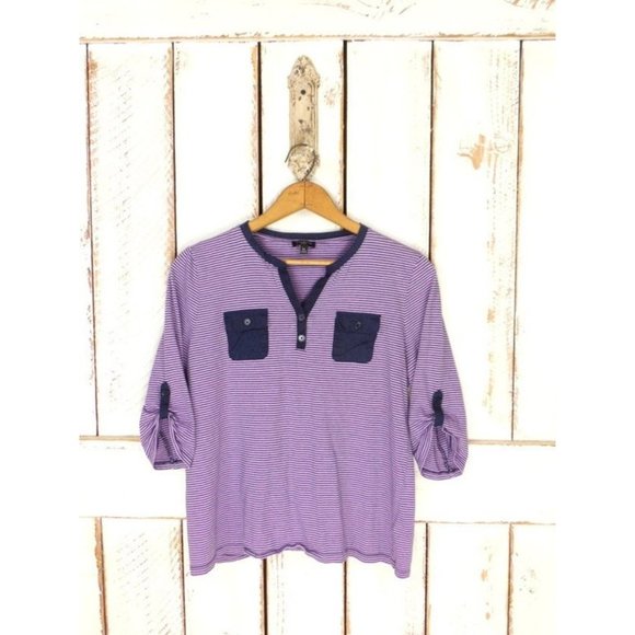 Vintage 90s Talbots lavender and blue striped pullover pocket vneck top - Picture 2 of 6